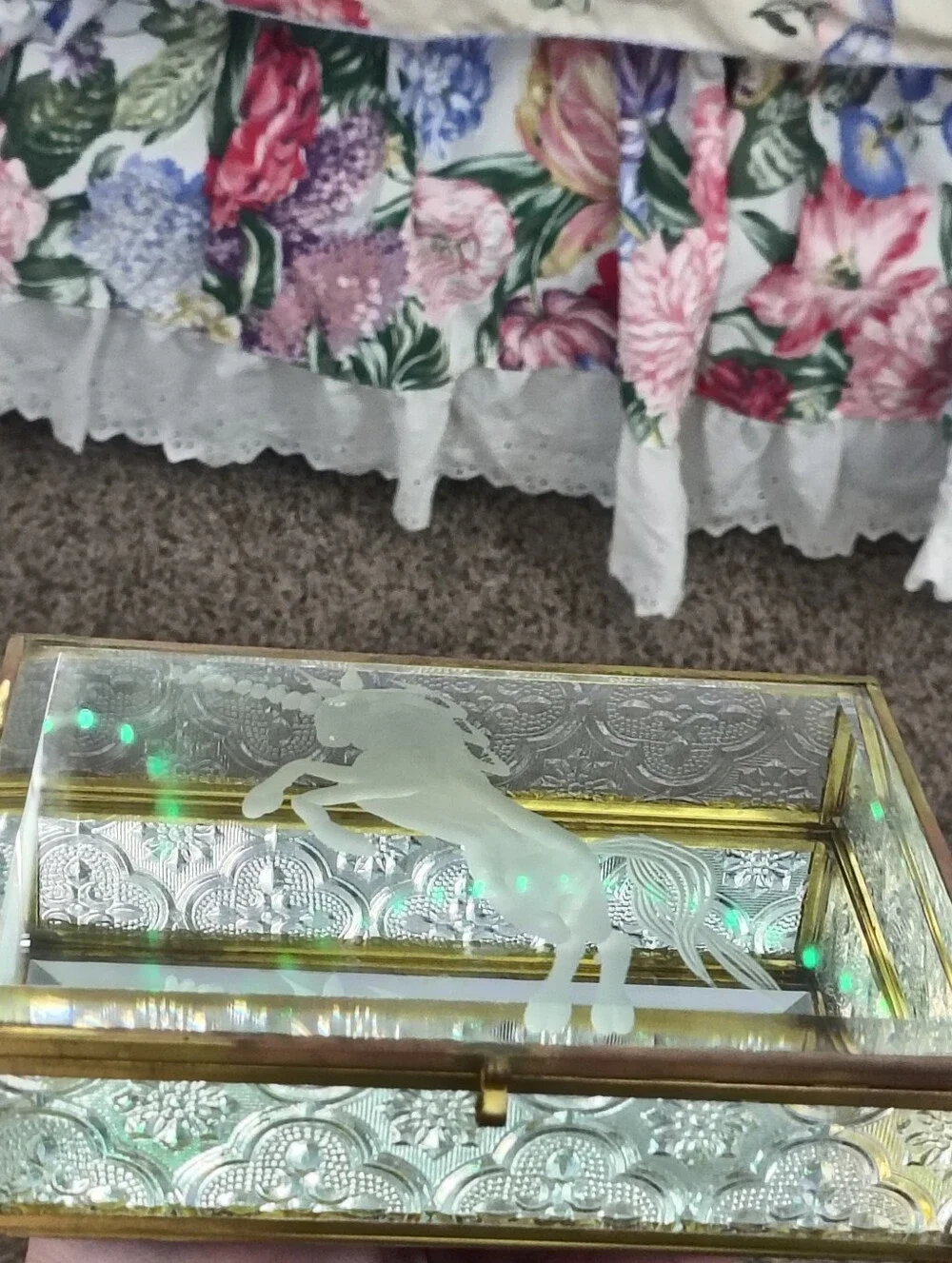 Vintage Brass & Embossed Glass Unicorn Jewelry Box Etched Frosted Glass Trinket